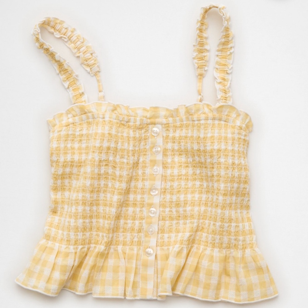 Yellow Gingham Ruffle Tank Top - American Eagle